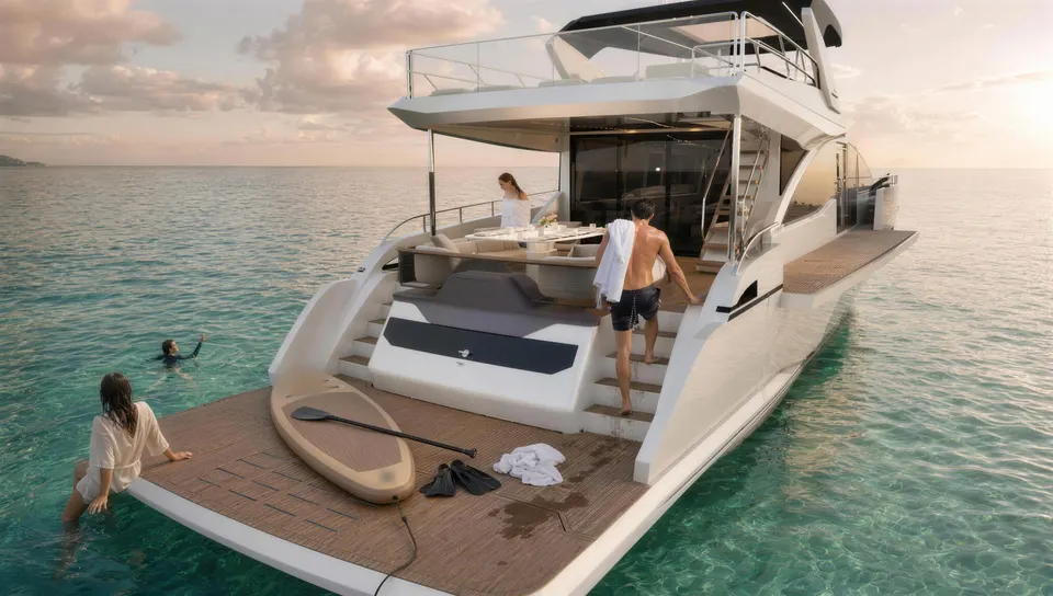 A Intermarine 25M vista da água na hora dourada, com a plataforma de popa, o convés e o flybridge no mesmo quadro