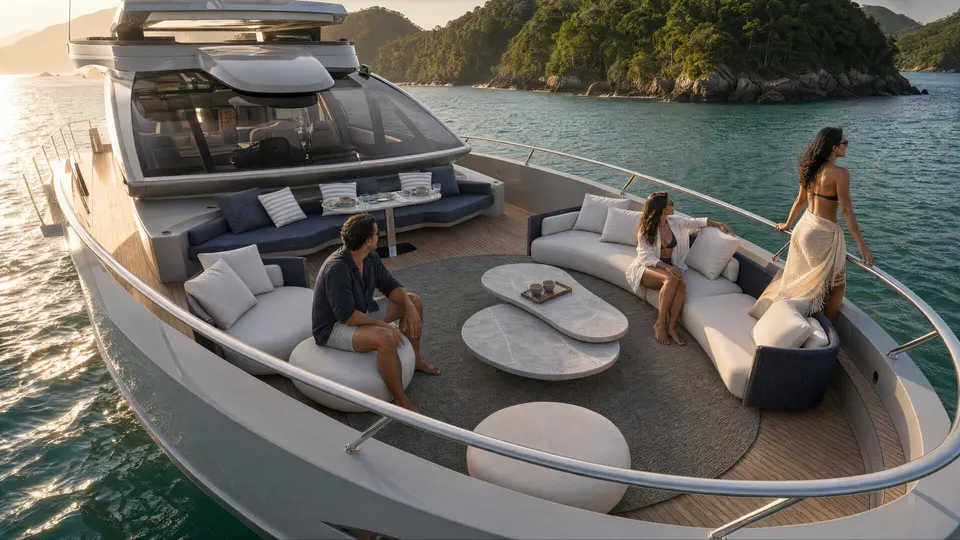 Intermarine 25M — a proa com o lounge, na cena da campanha de lançamento