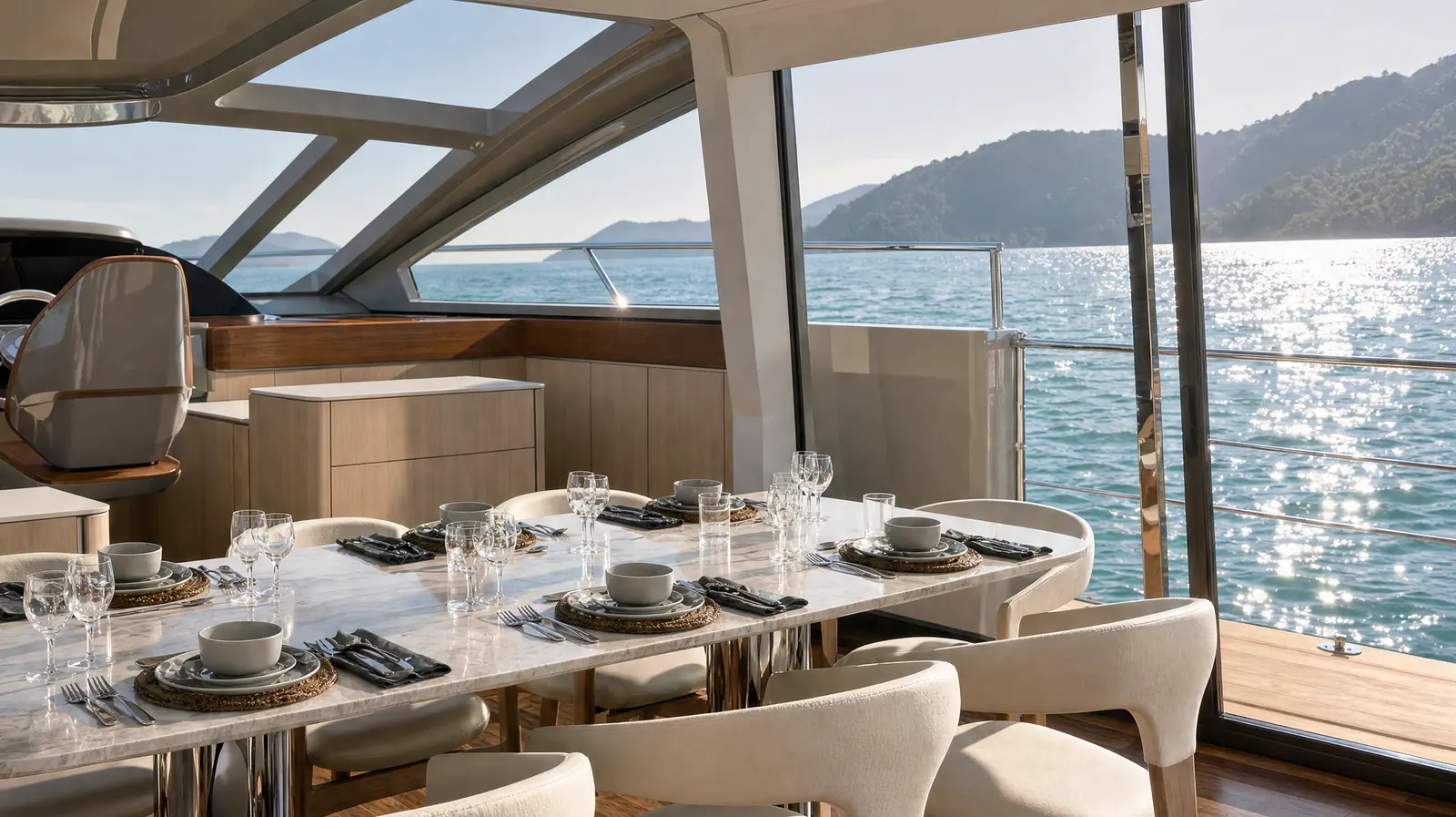 O salão da Intermarine 25M com a mesa posta, o para-brisa panorâmico e o mar ao fundo