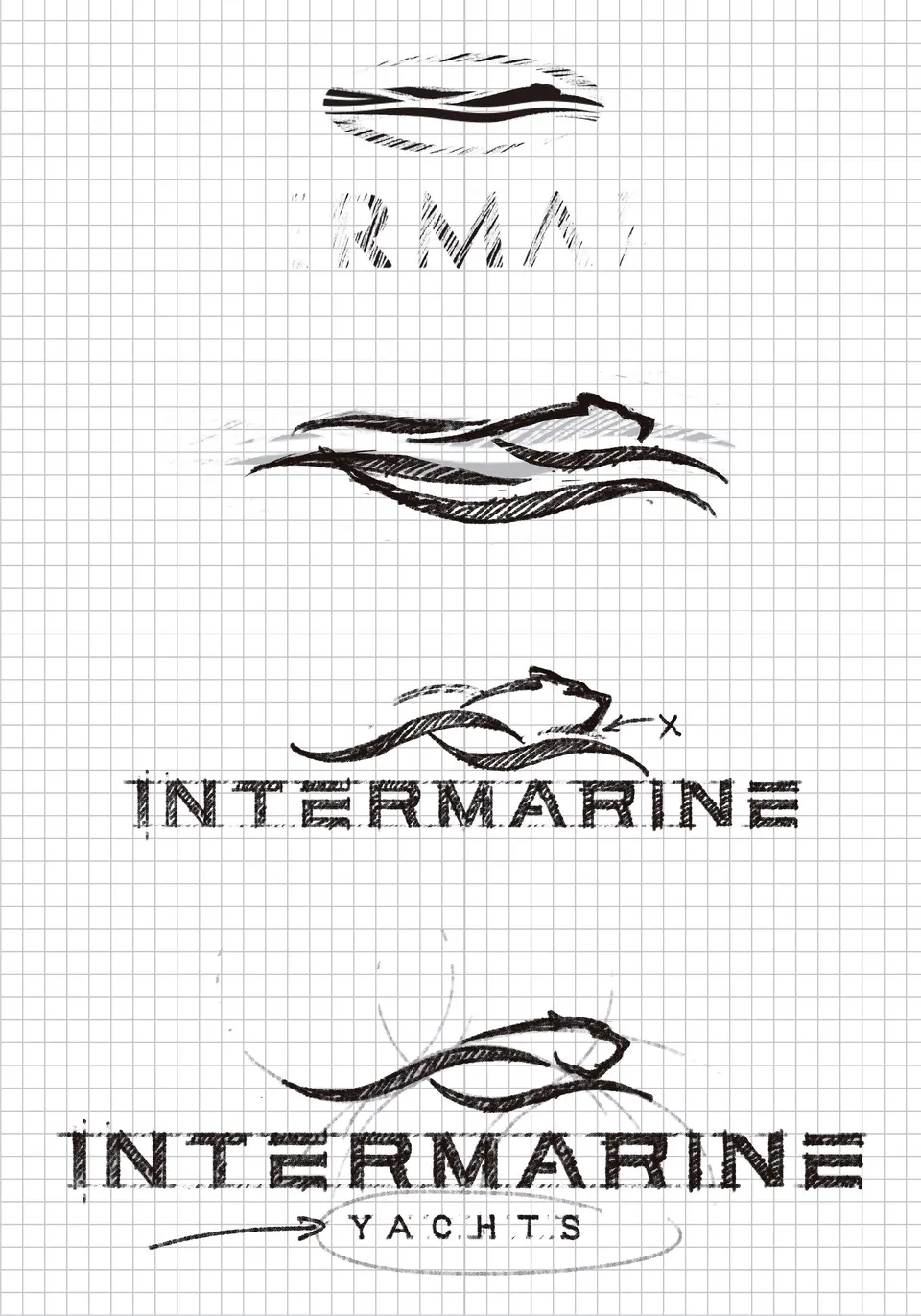 Folhas de estudo do logotipo da Intermarine, a lápis sobre papel milimetrado, com quatro versões da pantera